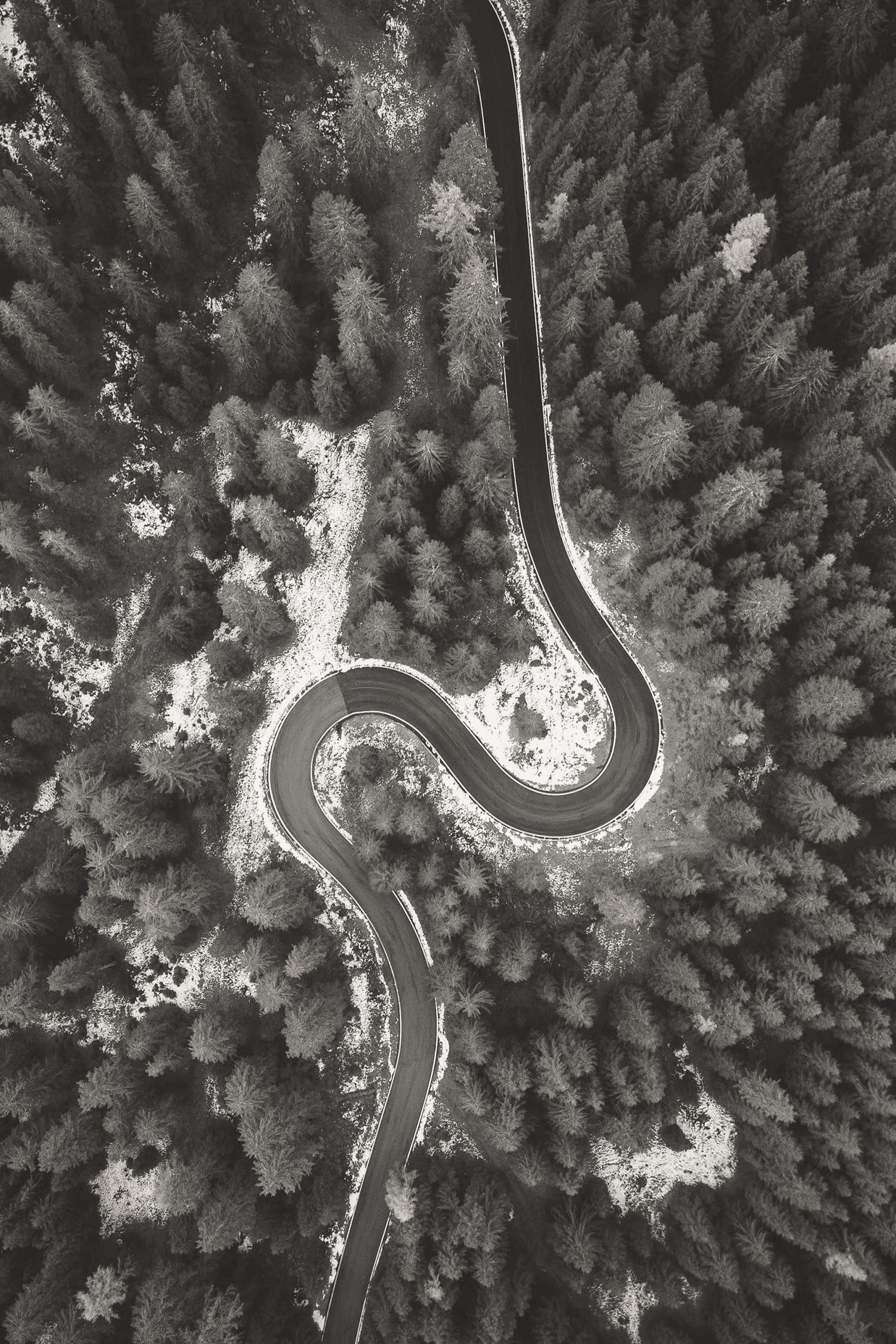 Kurvige Straße durch den Wald von oben